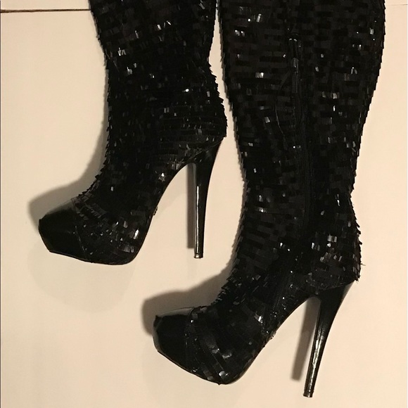 Dereon Wild Beyoncé Black Sequins Thigh High Platform Boots - Picture 9 of 13